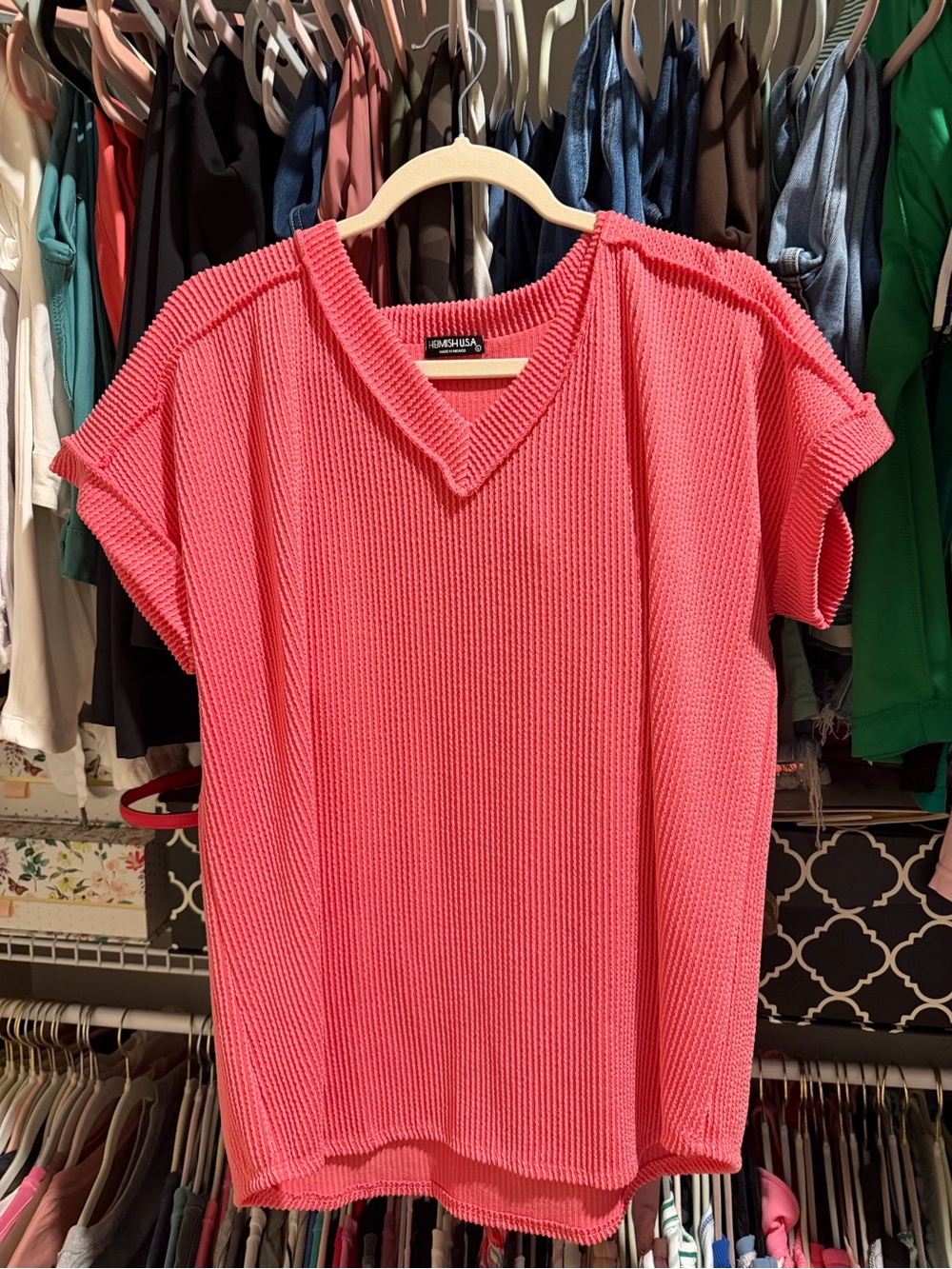 HEIMISH USA Coral Pink Ribbed V-Neck Short Sleeve Tunic